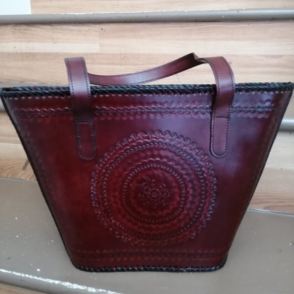Ladies Genuine Leather Hand Bag with Hand Carving with Shoulder Strap NEW